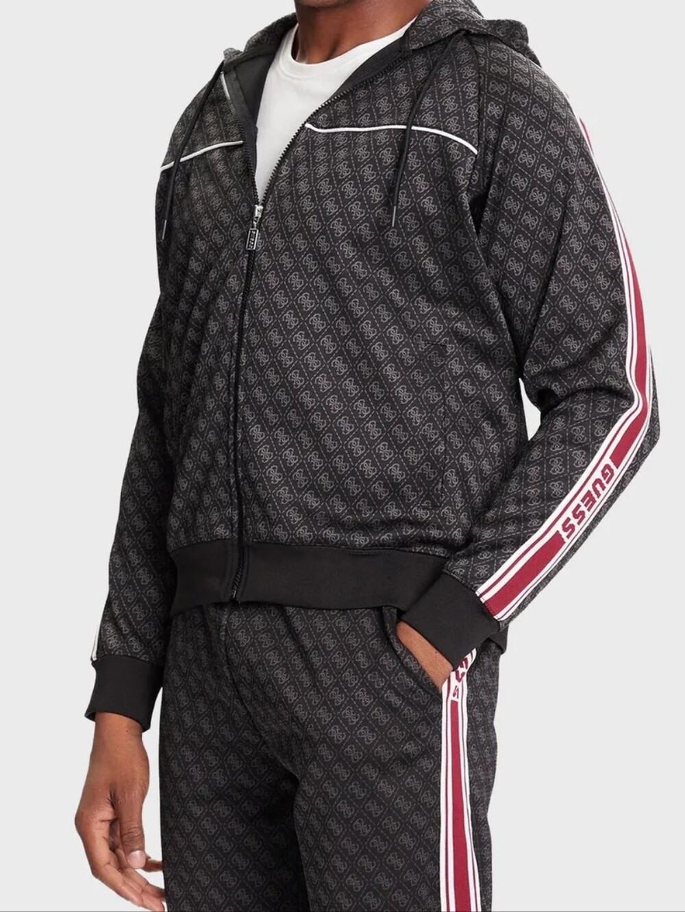 Guess Men's Black Monogram Zip Hoodie with Burgundy Stripe Size M